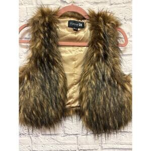 Forever 21 Brown Faux Fur Y2K Vintage Cropped Open Front Vest SZ Small - NWOT